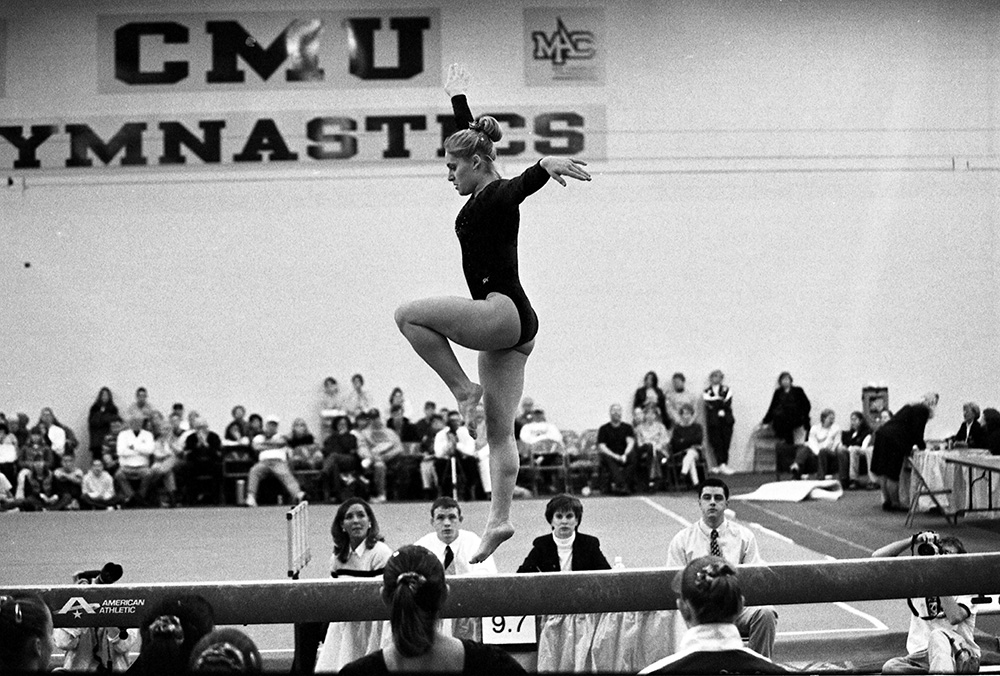 CMU gymnast on the balance beam